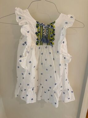 White Ruffled Embroidered GirlsDress with Blue & Green Accents